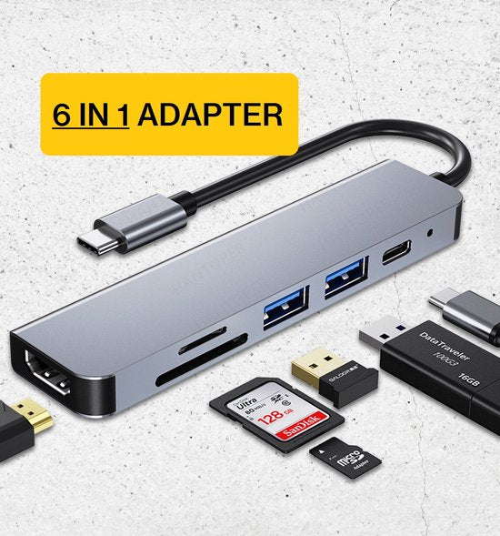 Lennexo 6 in 1 USB-C Hub Adapter - HDMI 4K - USB-A - USB-C - SD TF Kaartlezer | Geschikt Voor Macbook | Laptop | Smartphone | Tablet | iPhone en iPad