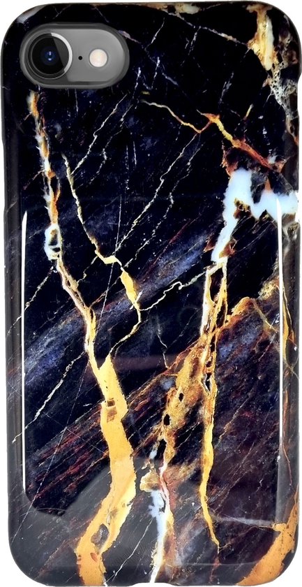 Luxe iPhone SE Hoesje | Siliconen Marmer Hoesje | Soft Back Cover Telefoonhoesje | Geschikt voor iPhone SE 2022 / 2020 / 8 / 7 / - Zwart/Goud
