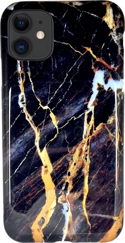 Luxe Hoesje Geschikt Voor iPhone 12 Hoesje - Siliconen Marmer Hoesje - Zwart/Goud