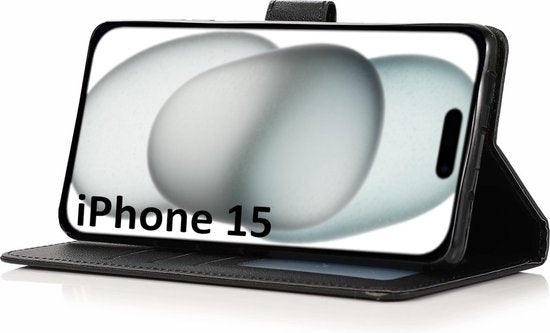 Bookcase Hoesje Geschikt Voor iPhone 15 - Wallet Case - Hoesje Met Pasjeshouder - Zwart