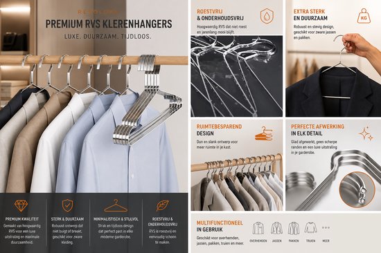 Luxe Kledinghanger - RVS Kleerhanger Set - Premium Garderobe Organizer 20 Stuks Zilver
