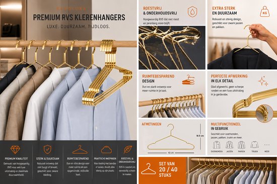 Luxe Kledinghanger - RVS Kleerhanger Set - Premium Garderobe Organizer 40 Stuks Goud