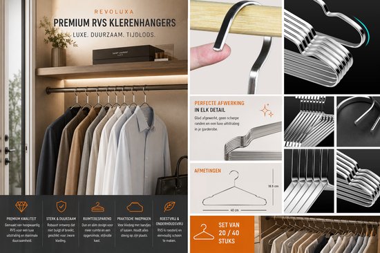 Luxe Kledinghanger - RVS Kleerhanger Set - Premium Garderobe Organizer 40 Stuks Zilver
