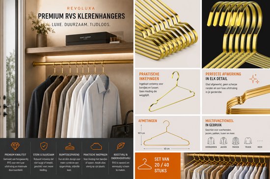 Luxe Kledinghanger - RVS Kleerhanger Set - Premium Garderobe Organizer 40 Stuks Goud