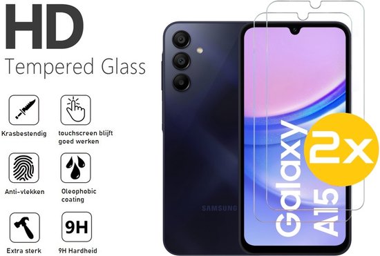 Screenprotector Geschikt Voor Samsung Galaxy A15 - Glasplaat - Tempered Glass - 2 Stuks