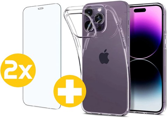 Hoesje en Screenprotector Combi Geschikt Voor iPhone 14 Pro Max - Transparant Hoesje + 2x Screenprotector