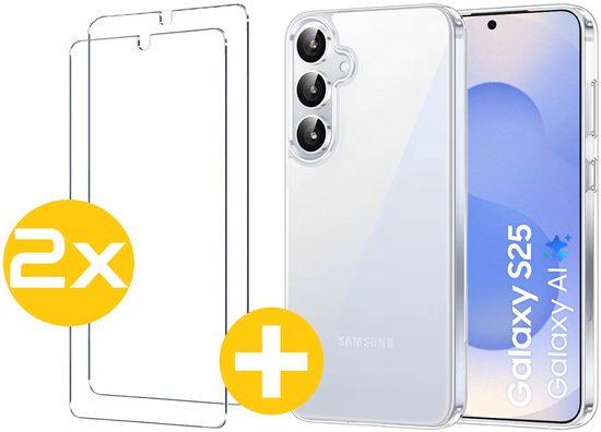 Hoesje en Screenprotector Combi Geschikt Voor Samsung Galaxy S25 - Transparant Hoesje + 2x Screenprotector