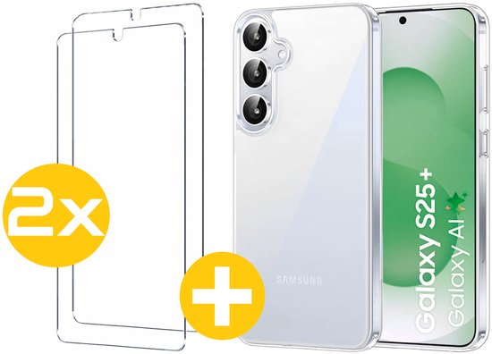 Hoesje en Screenprotector Combi Geschikt Voor Samsung Galaxy S25+ (S25 PLUS) - Transparant Hoesje + 2x Screenprotector
