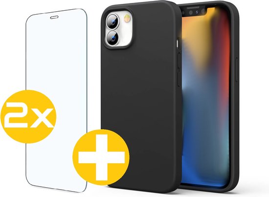 Hoesje en Screenprotector Combi Geschikt Voor iPhone 12 Mini - Zwarte Siliconen Hoesje + 2x Screenprotector