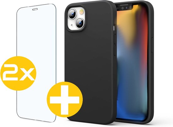 Hoesje en Screenprotector Combi Geschikt Voor iPhone 13 - Zwarte Siliconen Hoesje + 2x Screenprotector
