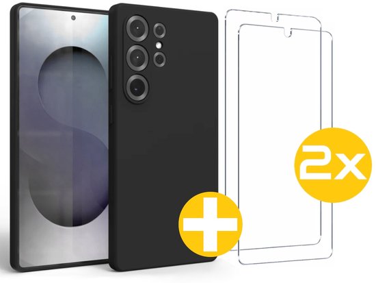 Hoesje en Screenprotector Combi Geschikt Voor Samsung Galaxy S25 Ultra - Zwarte Siliconen Hoesje + 2x Screenprotector