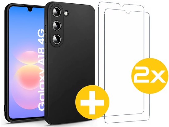 Hoesje en Screenprotector Combi Geschikt Voor Samsung Galaxy A18 - Zwarte Siliconen Hoesje + 2x Screenprotector