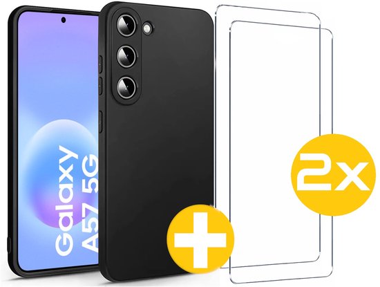 Hoesje en Screenprotector Combi Geschikt Voor Samsung Galaxy A57 - Zwarte Siliconen Hoesje + 2x Screenprotector