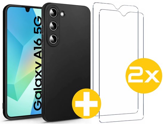 Hoesje en Screenprotector Combi Geschikt Voor Samsung Galaxy A16 - Zwarte Siliconen Hoesje + 2x Screenprotector