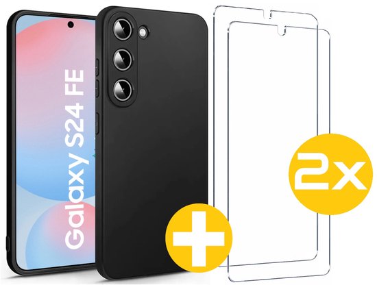Hoesje en Screenprotector Combi Geschikt Voor Samsung Galaxy S24 FE (Fan Edition) - Zwarte Siliconen Hoesje + 2x Screenprotector