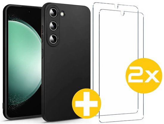 Hoesje en Screenprotector Combi Geschikt Voor Samsung Galaxy S23 FE (Fan Edition) - Zwarte Siliconen Hoesje + 2x Screenprotector