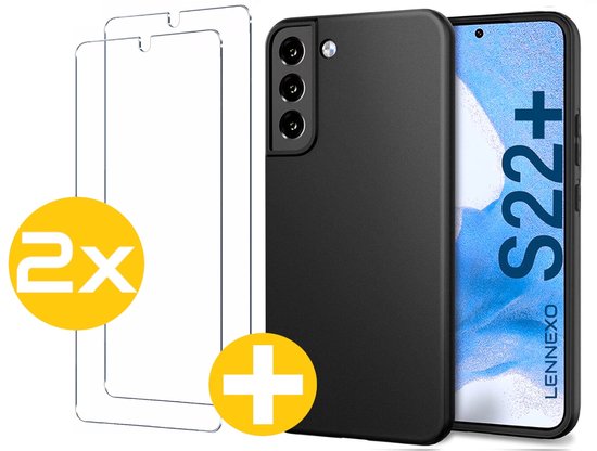 Hoesje en Screenprotector Combi Geschikt Voor Samsung Galaxy S22+ (S22 PLUS) - Zwarte Siliconen Hoesje + 2x Screenprotector