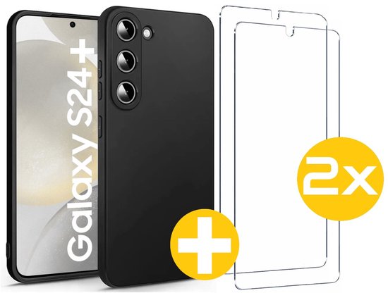 Hoesje en Screenprotector Combi Geschikt Voor Samsung Galaxy S24+ (S24 PLUS) - Zwarte Siliconen Hoesje + 2x Screenprotector