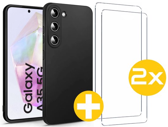 Hoesje en Screenprotector Combi Geschikt Voor Samsung Galaxy A35 - Zwarte Siliconen Hoesje + 2x Screenprotector