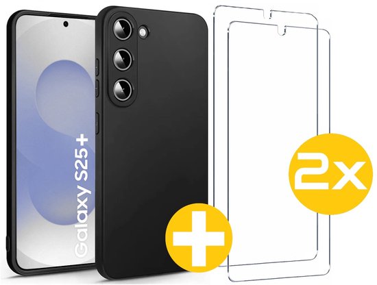 Hoesje en Screenprotector Combi Geschikt Voor Samsung Galaxy S25+ (S25 PLUS) - Zwarte Siliconen Hoesje + 2x Screenprotector