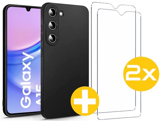 Hoesje en Screenprotector Combi Geschikt Voor Samsung Galaxy A15 - Zwarte Siliconen Hoesje + 2x Screenprotector