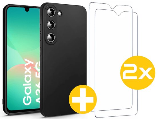 Hoesje en Screenprotector Combi Geschikt Voor Samsung Galaxy A26 - Zwarte Siliconen Hoesje + 2x Screenprotector