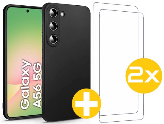 Hoesje en Screenprotector Combi Geschikt Voor Samsung Galaxy A56 - Zwarte Siliconen Hoesje + 2x Screenprotector