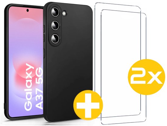 Hoesje en Screenprotector Combi Geschikt Voor Samsung Galaxy A37 - Zwarte Siliconen Hoesje + 2x Screenprotector