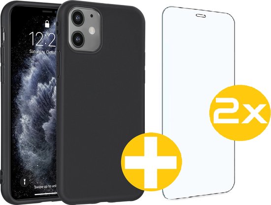 Hoesje en Screenprotector Combi Geschikt Voor iPhone 11 - Zwarte Siliconen Hoesje + 2x Screenprotector