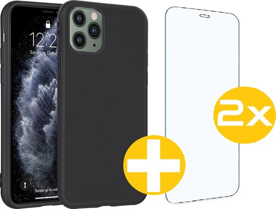 Hoesje en Screenprotector Combi Geschikt Voor iPhone 11 Pro - Zwarte Siliconen Hoesje + 2x Screenprotector