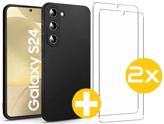 Hoesje en Screenprotector Combi Geschikt Voor Samsung Galaxy S24 - Zwarte Siliconen Hoesje + 2x Screenprotector