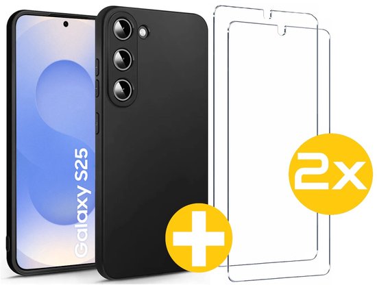 Hoesje en Screenprotector Combi Geschikt Voor Samsung Galaxy S25 - Zwarte Siliconen Hoesje + 2x Screenprotector