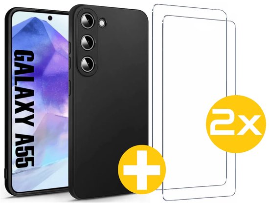 Hoesje en Screenprotector Combi Geschikt Voor Samsung Galaxy A55 - Zwarte Siliconen Hoesje + 2x Screenprotector