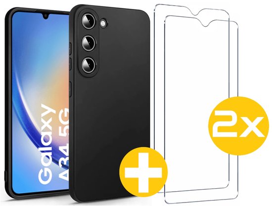 Hoesje en Screenprotector Combi Geschikt Voor Samsung Galaxy A34 - Zwarte Siliconen Hoesje + 2x Screenprotector