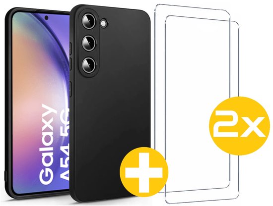 Hoesje en Screenprotector Combi Geschikt Voor Samsung Galaxy A54 - Zwarte Siliconen Hoesje + 2x Screenprotector