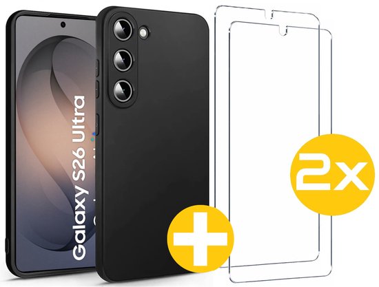 Hoesje en Screenprotector Combi Geschikt Voor Samsung Galaxy S26 Ultra - Zwarte Siliconen Hoesje + 2x Screenprotector