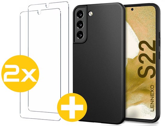 Hoesje en Screenprotector Combi Geschikt Voor Samsung Galaxy S22 - Zwarte Siliconen Hoesje + 2x Screenprotector
