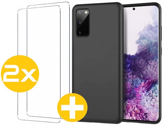 Hoesje en Screenprotector Combi Geschikt Voor Samsung Galaxy S20 FE (Fan Edition) - Zwarte Siliconen Hoesje + 2x Screenprotector