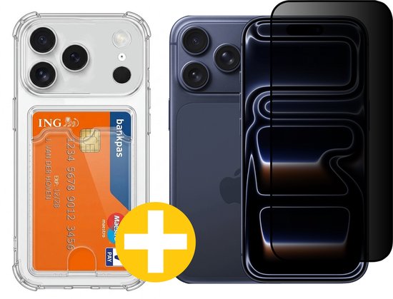 Pashouder Hoesje en Privacy Screenprotector Combi Geschikt Voor iPhone 17 Pro - Pasjeshouder + Privacy Screenprotector