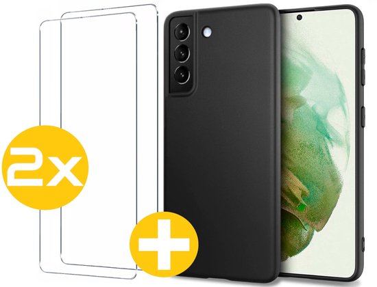 Hoesje en Screenprotector Combi Geschikt Voor Samsung Galaxy S21+ (S21 PLUS) - Zwarte Siliconen Hoesje + 2x Screenprotector