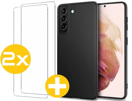 Hoesje en Screenprotector Combi Geschikt Voor Samsung Galaxy S21 FE (Fan Edition) - Zwarte Siliconen Hoesje + 2x Screenprotector