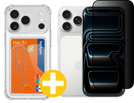 Pashouder Hoesje en Privacy Screenprotector Combi Geschikt Voor iPhone 17 Pro Max - Pasjeshouder + Privacy Screenprotector