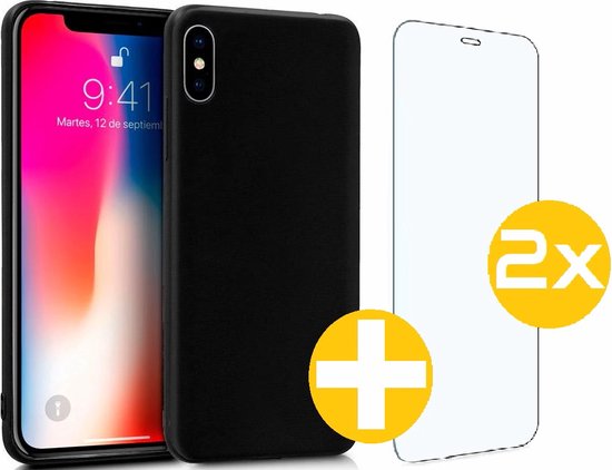 iPhone X / XS Hoesje + 2x iPhone X / XS Screenprotector | Zwarte Siliconen Hoesje | Zwarte Back Cover Hoesje + 2x Screenprotector | Tempered Glass