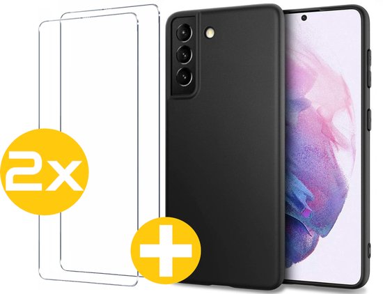 Hoesje en Screenprotector Combi Geschikt Voor Samsung Galaxy S21 - Zwarte Siliconen Hoesje + 2x Screenprotector