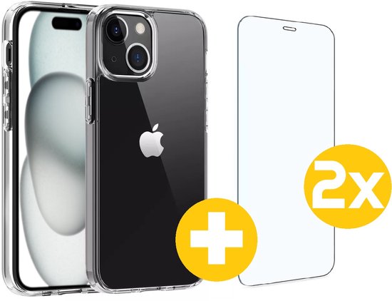 Hoesje en Screenprotector Combi Geschikt Voor iPhone 15 - Transparant Hoesje + 2x Screenprotector