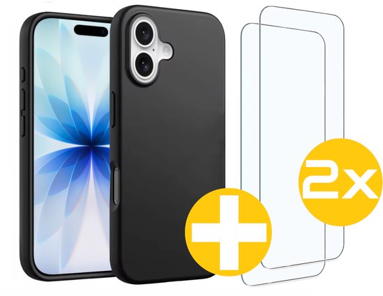 Hoesje en Screenprotector Combi Geschikt Voor iPhone 17 - Zwarte Siliconen Hoesje + 2x Screenprotector