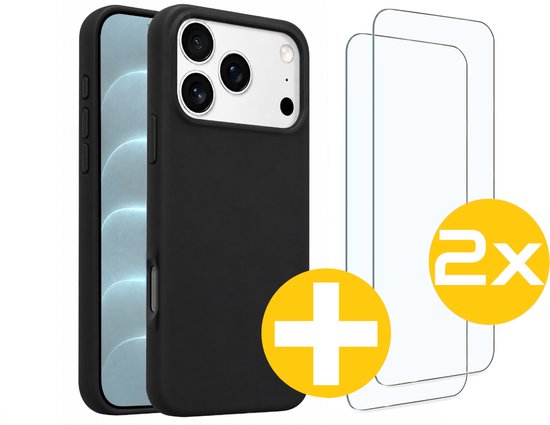 Hoesje en Screenprotector Combi Geschikt Voor iPhone 18 Pro Max - Zwarte Siliconen Hoesje + 2x Screenprotector