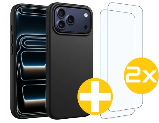 Hoesje en Screenprotector Combi Geschikt Voor iPhone 17 Pro - Zwarte Siliconen Hoesje + 2x Screenprotector