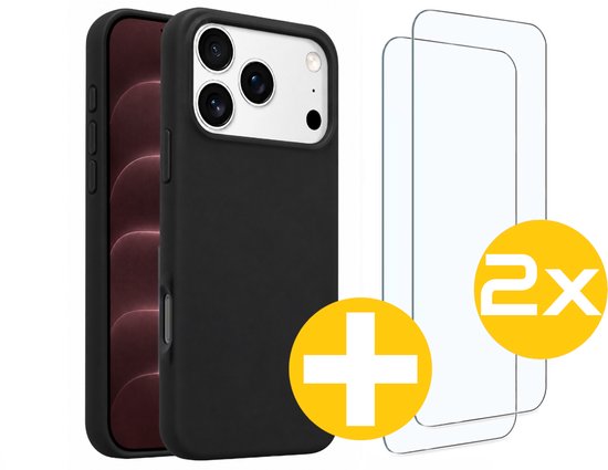 Hoesje en Screenprotector Combi Geschikt Voor iPhone 18 Pro - Zwarte Siliconen Hoesje + 2x Screenprotector