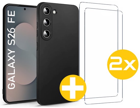 Hoesje en Screenprotector Combi Geschikt Voor Samsung Galaxy S26 FE (Fan Edition) - Zwarte Siliconen Hoesje + 2x Screenprotector